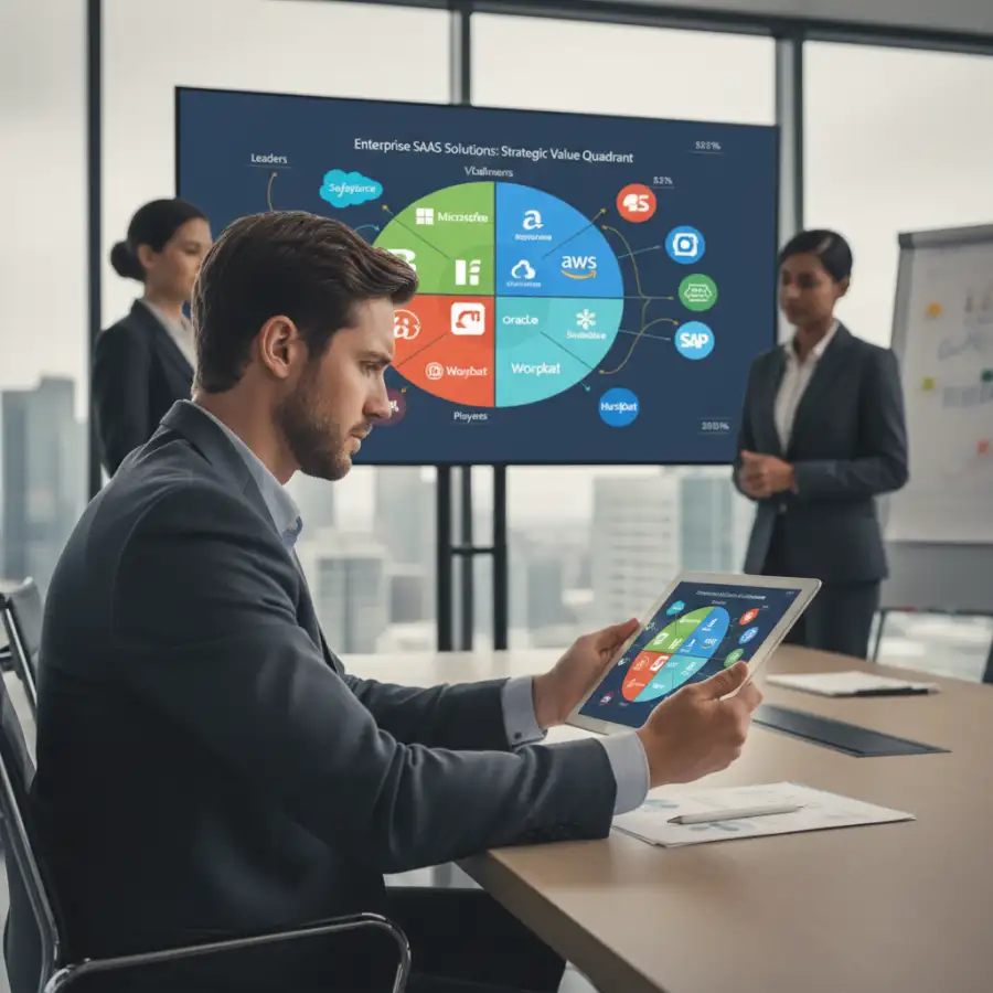 A diverse team of IT professionals analyzing a comprehensive SaaS management dashboard, showcasing collaboration and data-driven decision-making.