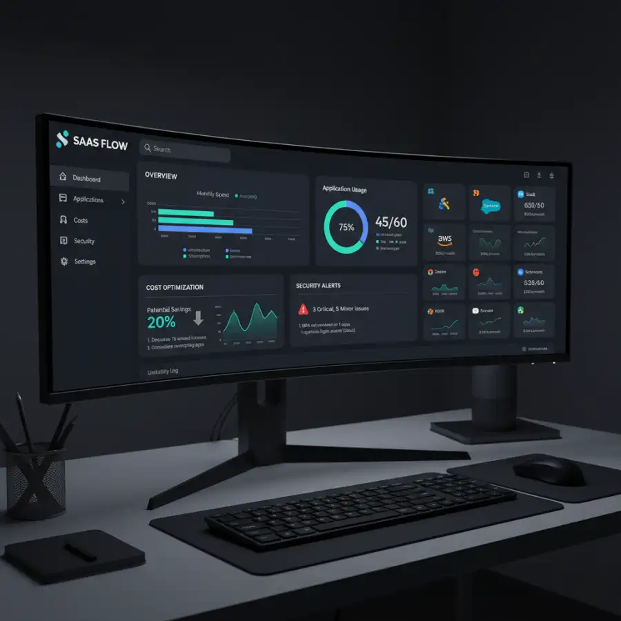 A dashboard displaying key performance indicators for SaaS management, including cost savings, security compliance, and application usage.
