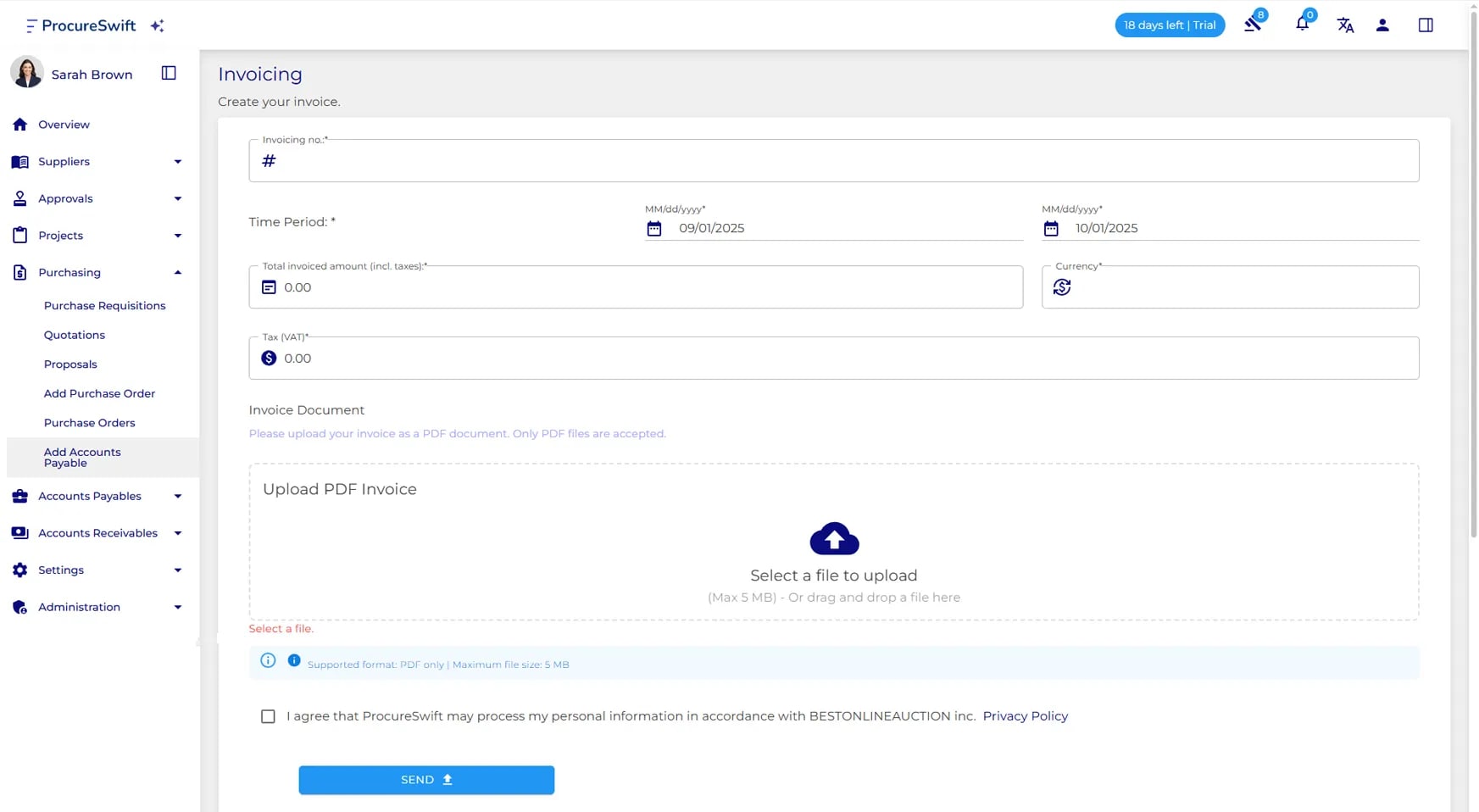 ProcureSwift welcome screen - registration and login