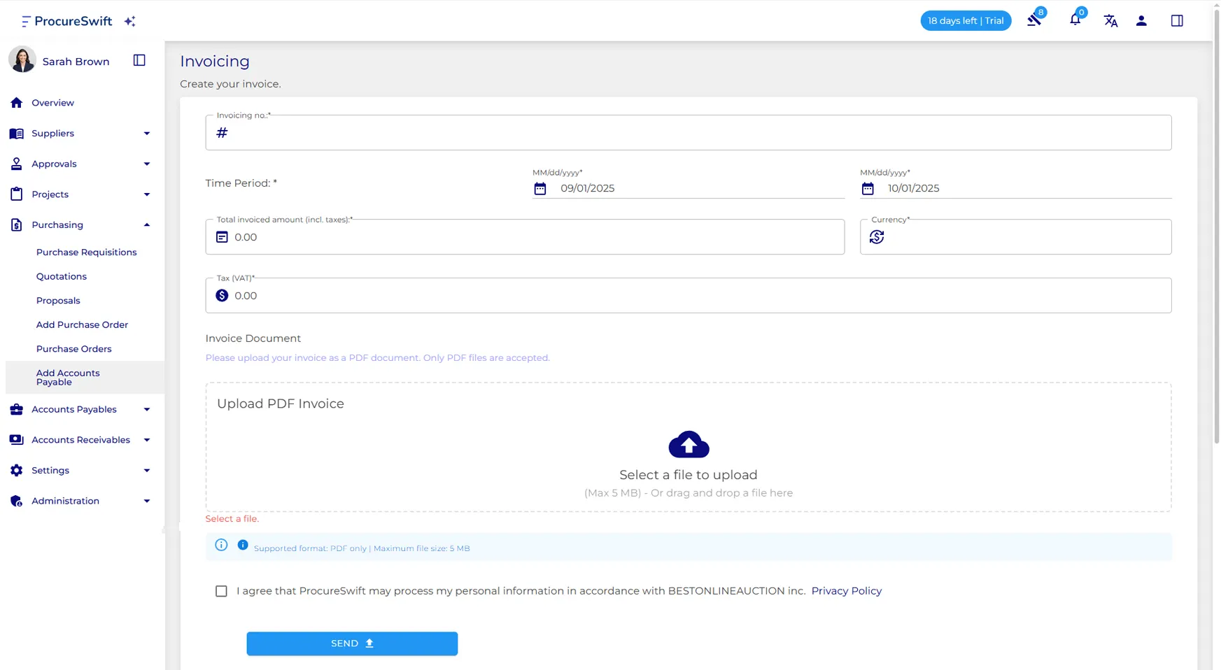 ProcureSwift welcome screen - registration and login