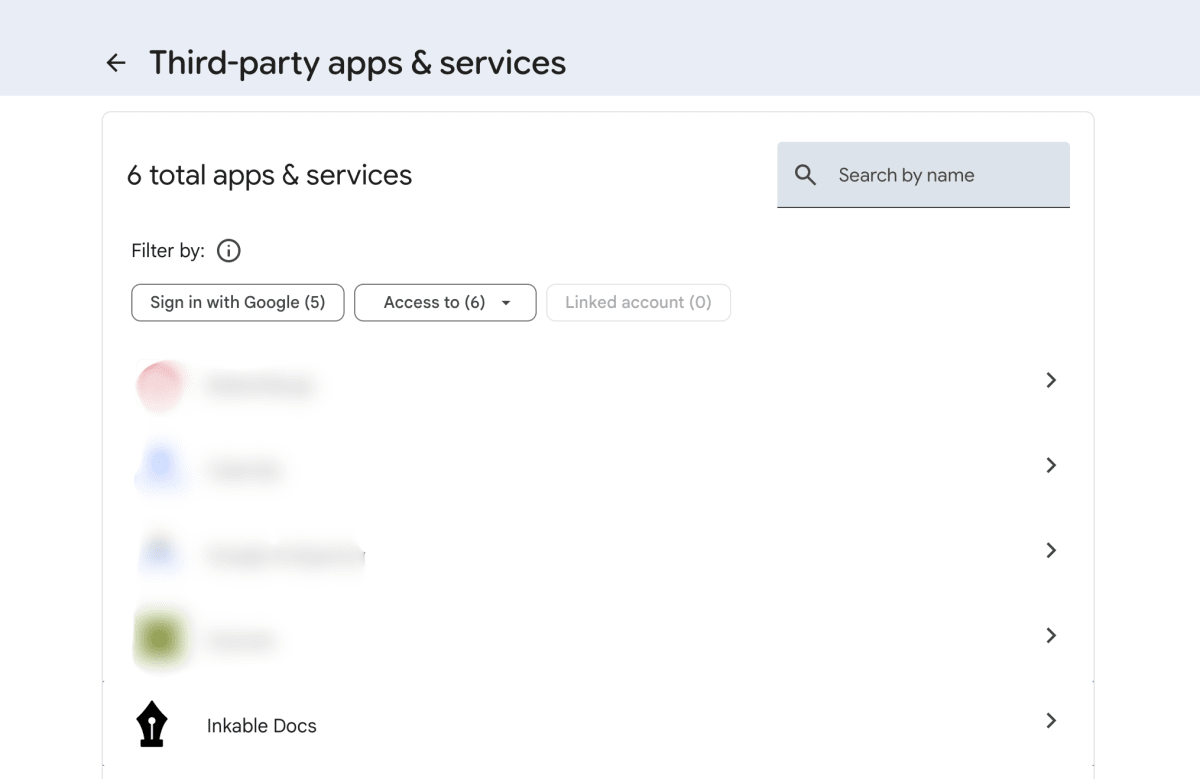 Google Account third-party apps page showing Inkable Docs selected