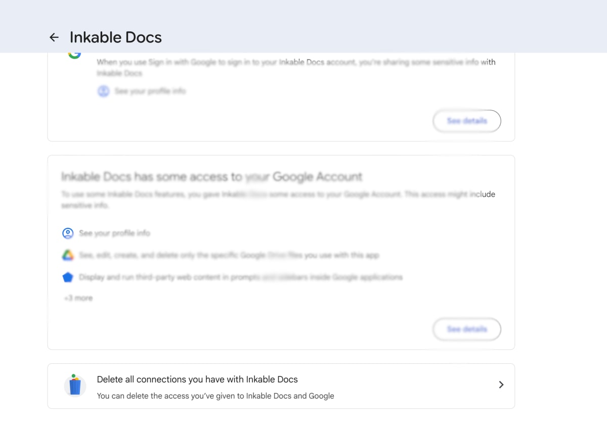 Google Account third-party apps page showing the option to remove Inkable Docs access