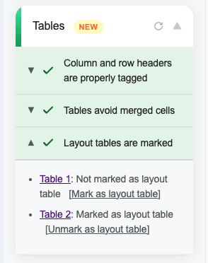 Details view showing Mark as decorative and Mark as layout table links