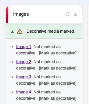 Details view showing Mark as decorative and Mark as layout table links