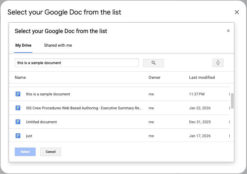 The Google Drive Picker Dialog showing the file selection window