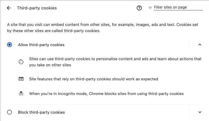 Chrome browser cookie exception settings showing how to allow third-party cookies