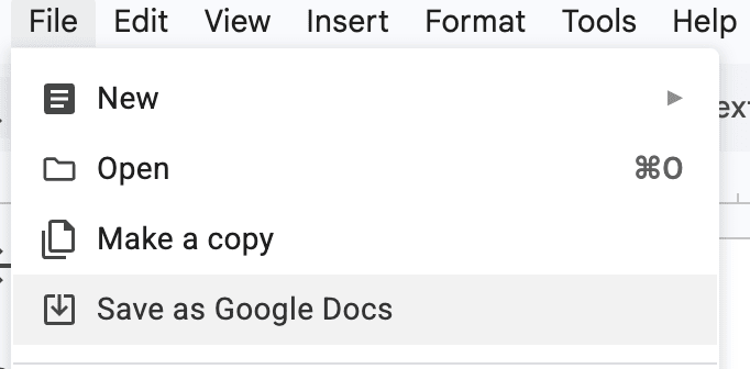 Google Docs File menu showing 'Save as Google Docs' option
