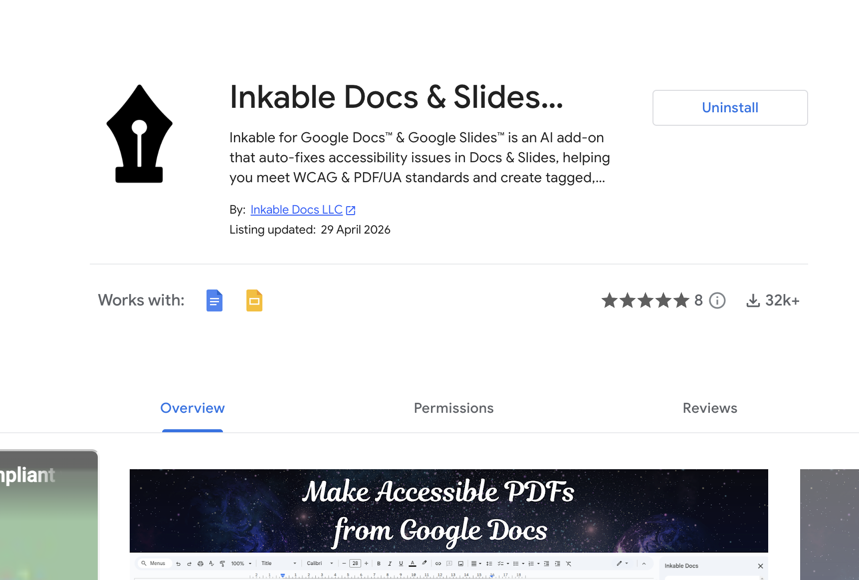 Inkable Docs & Slides Marketplace listing showing Uninstall/Install button