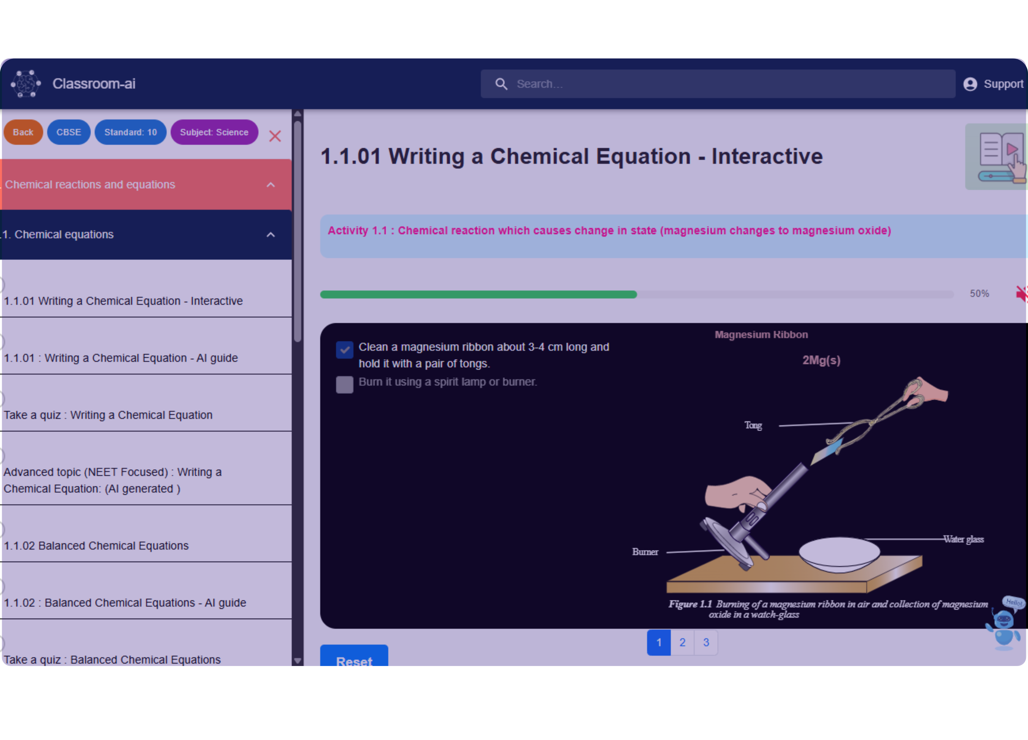 Interactive classroom learning platform dashboard showing chemical equations and educational content
