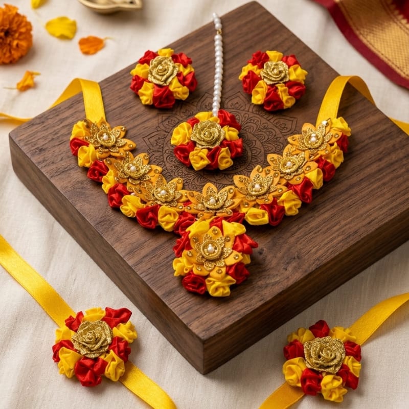 Handmade Haldi Floral Jewellery Set for Bride