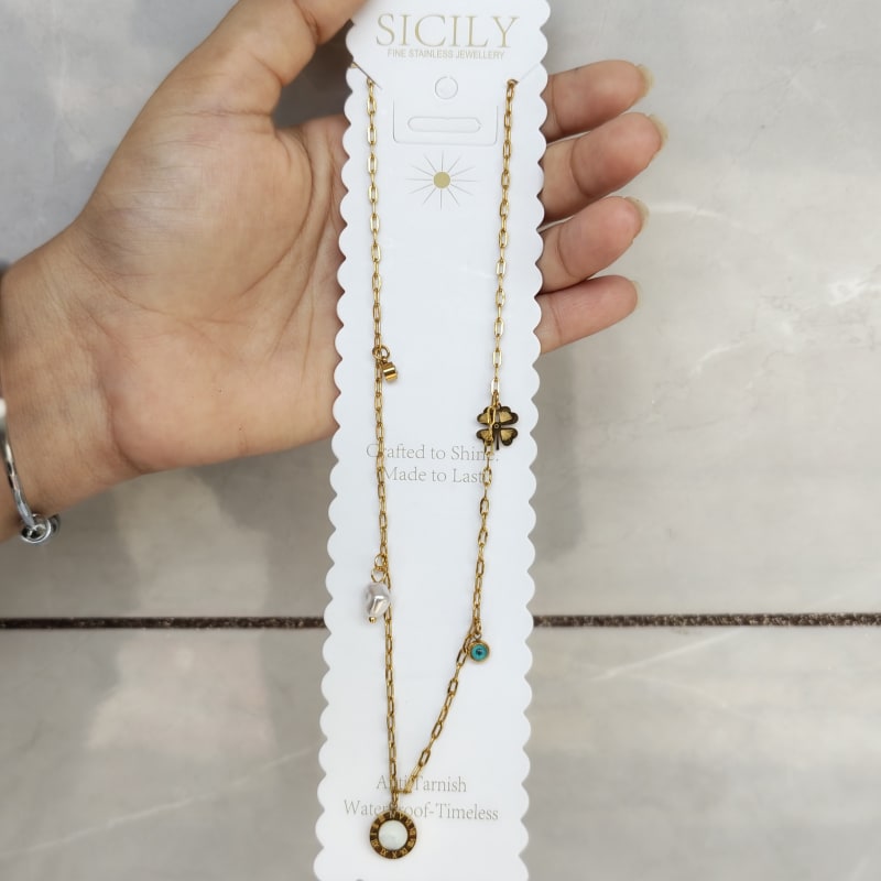 Anti-Tarnish Evil Eye and Four-Leaf Clover Charm Necklace