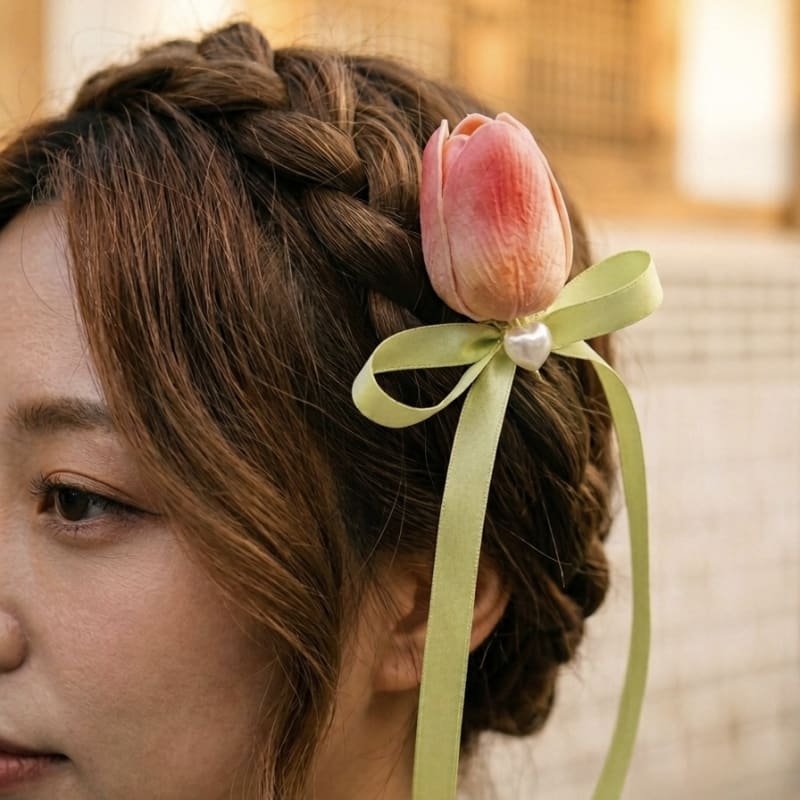 Korean Style Soft Pink Tulip Hair Barrette with Sage Green Ribbon & Heart Pearl Detail