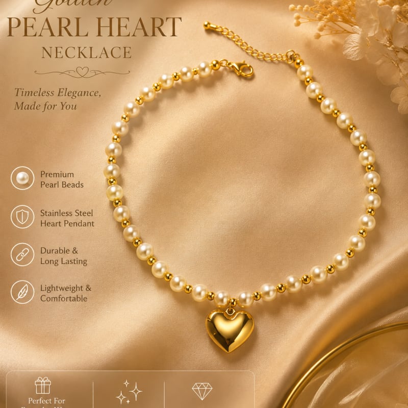 Golden Pearl Heart Necklace
