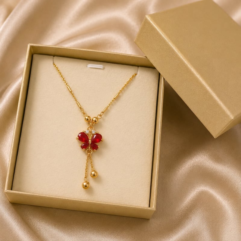 Red Butterfly Crystal Pendant Necklace – Gold-Plated Long Chain Necklace