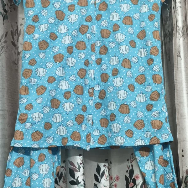 Sky blue pumpkin print cotton night suit set