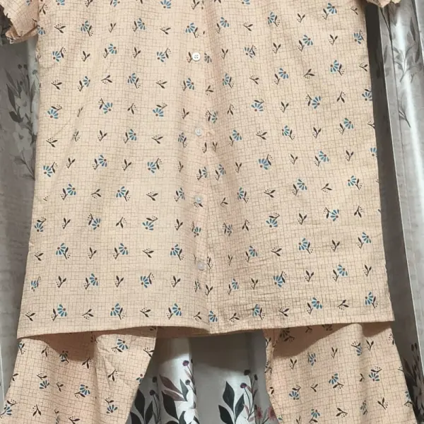 Peach floor print cotton night suit shirt with pant set t