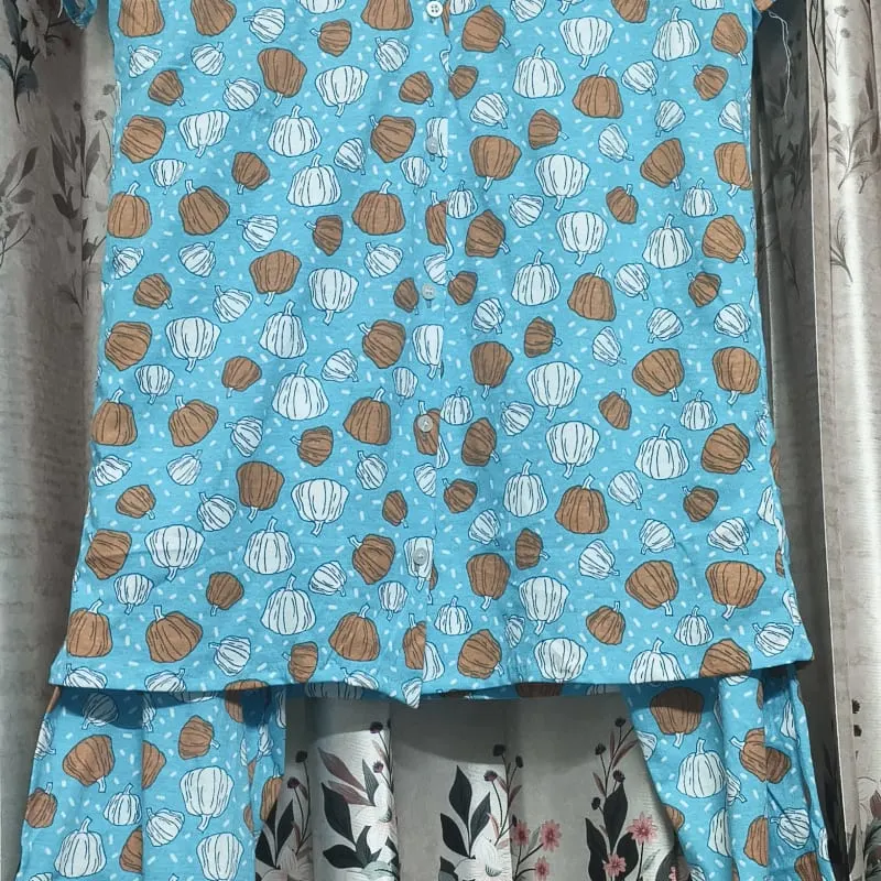 Sky blue pumpkin print cotton night suit set