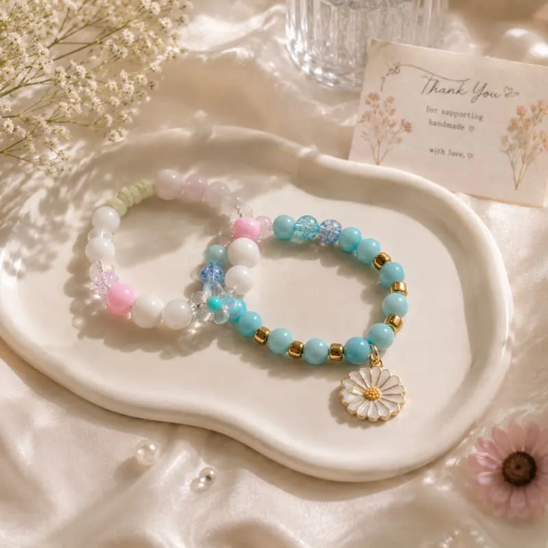 Pastel blue and pink daisy bracelet 