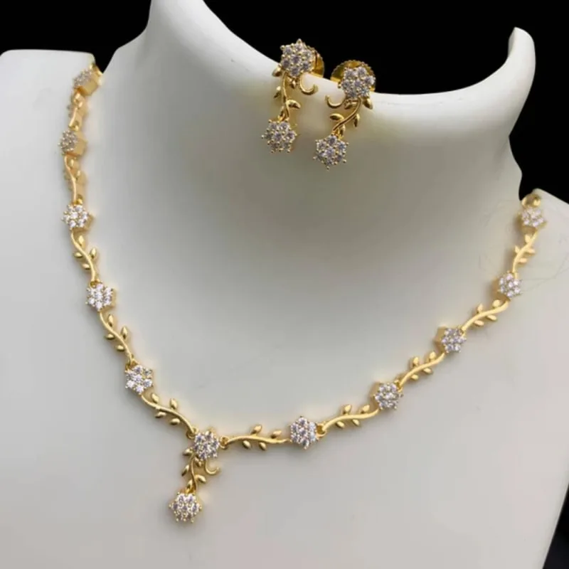 Minimalist Gold Finish Floral CZ Necklace Set with Earrings