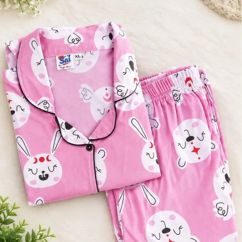 Pink Bunny Printed Cotton Night Suit - Shirt & Pyjama Set  Brand. Korean Night Wear Pyjamas