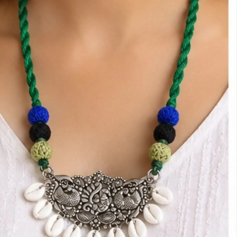 Handcrafted German Silver & Cowrie Shell Tribal Necklace with Multi-Color Thread Beads