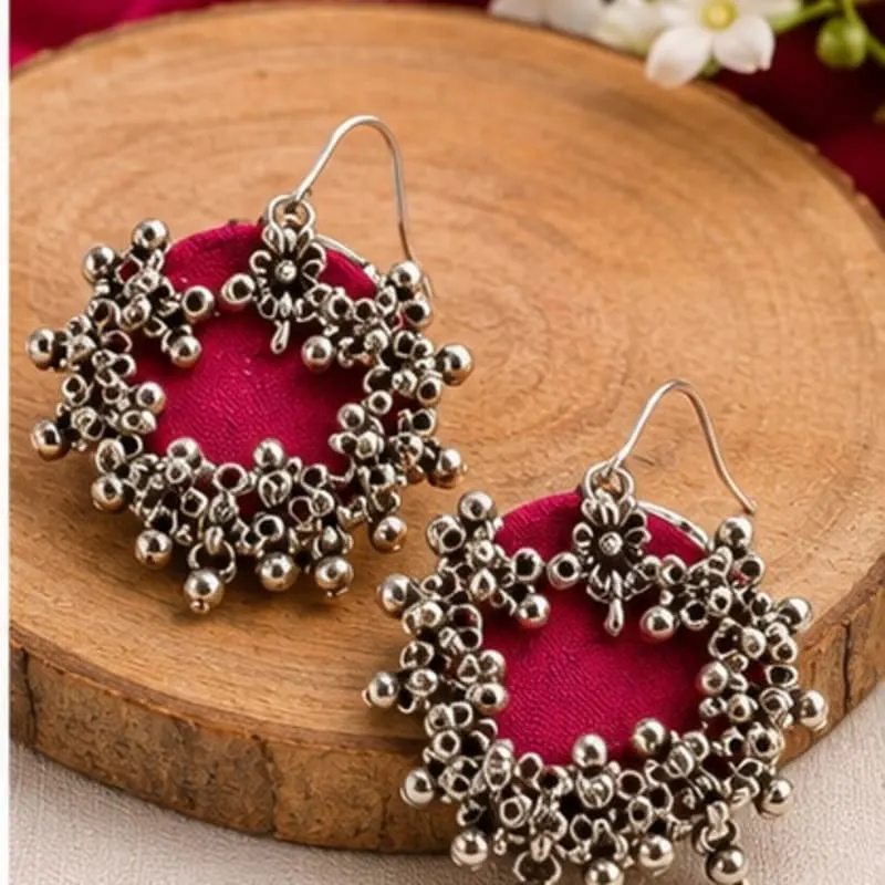 Handcrafted Oxidized Silver & Magenta Fabric Thread Dangle Earrings