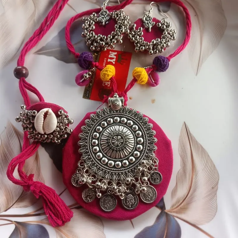 Handcrafted Pink Tribal/Boho German Silver Jewelry Set with Cowrie Shell Ring