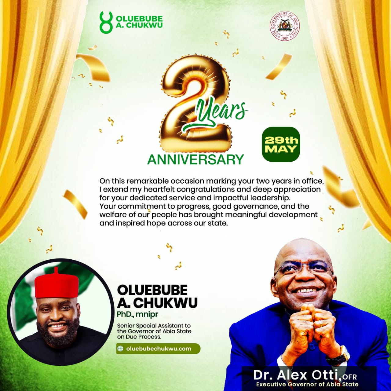 Salute to Visionary Leadership: Dr. Oluebube A. Chukwu Congratulates His Excellency Dr. Alex Otti, OFR, on Two Transformative Years in Office