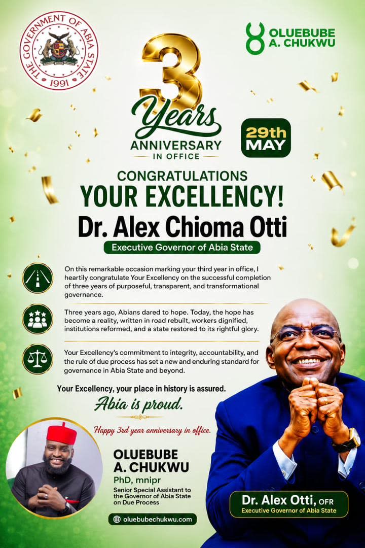 Oluebube Chukwu Salutes Otti, Executive Council as Abia Marks Three Years of Transformation