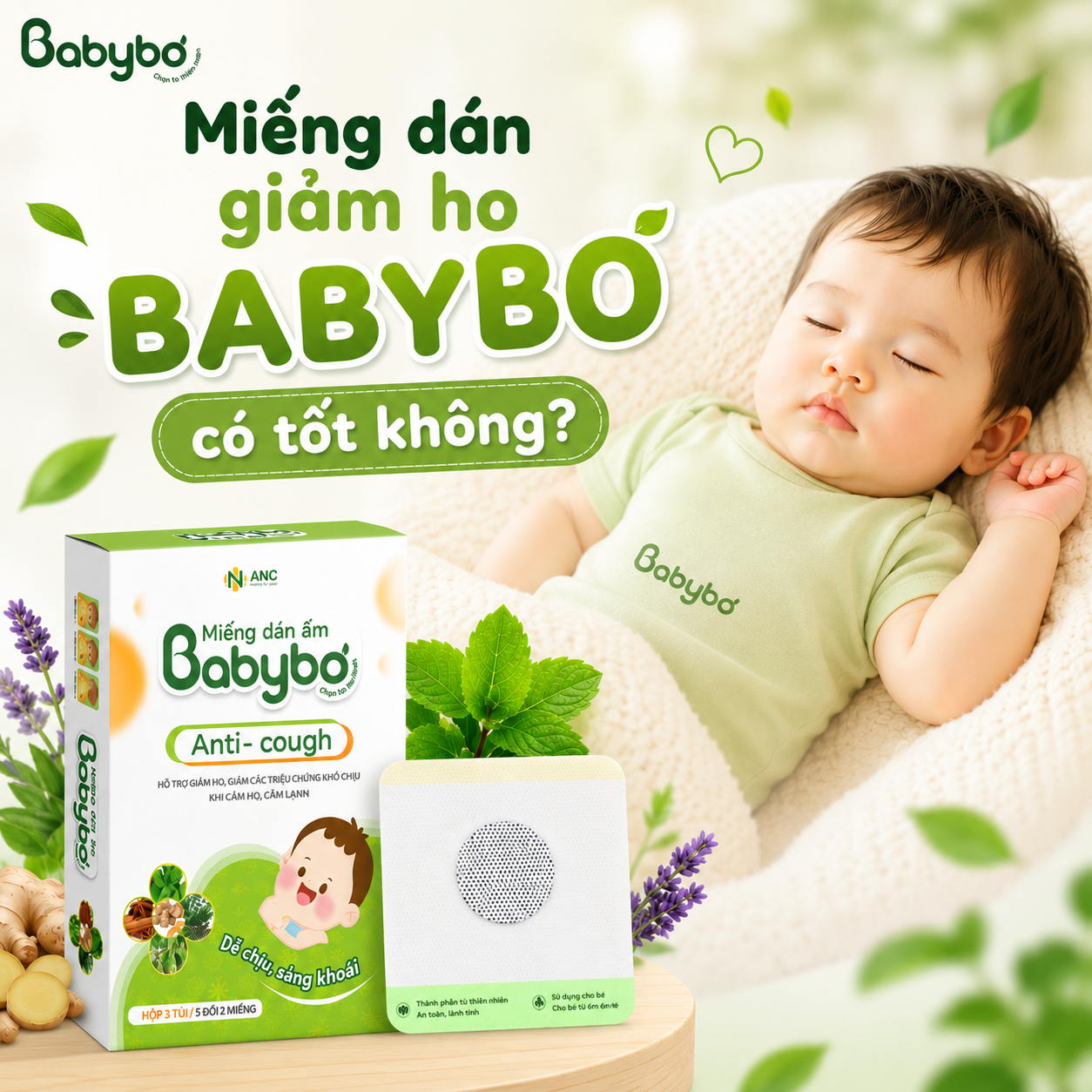 miếng dán giảm ho BABYBƠ cho bé với thành phần dịu nhẹ và giữ ấm dễ chịu.