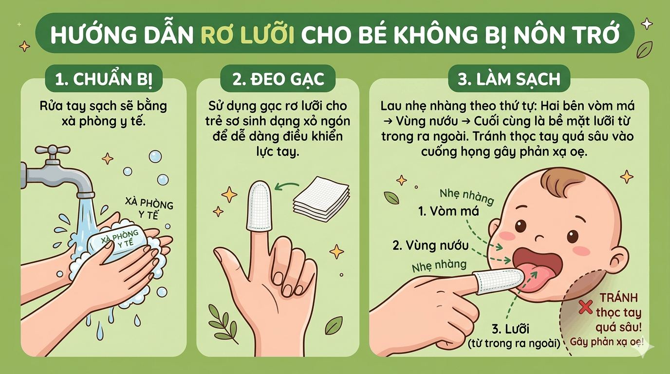 Hướng dẫn rơ lưỡi cho bé không bị nôn trớ