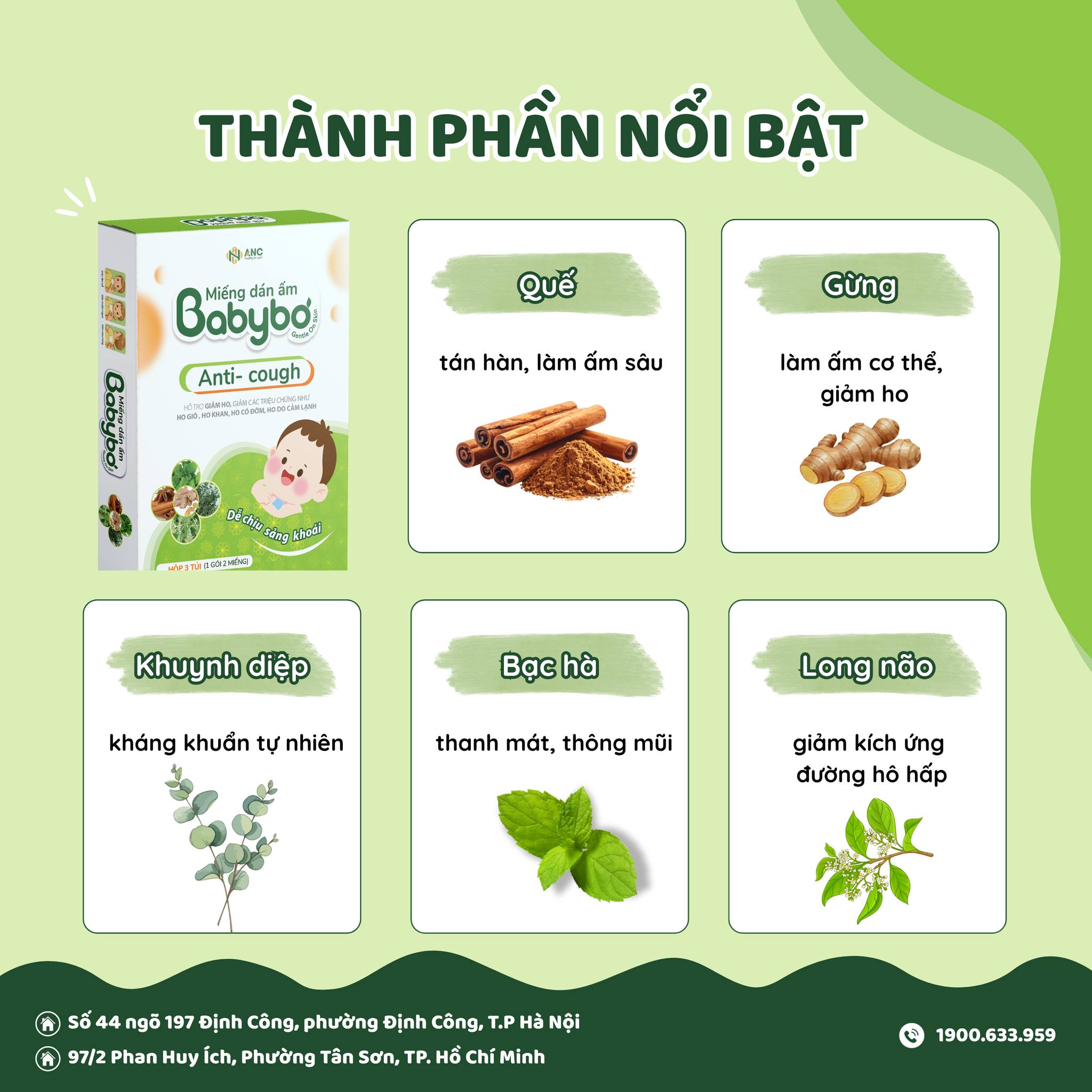 thành phần miếng dán ấm giảm ho BABYBƠ Anti-cough gồm quế gừng khuynh diệp bạc hà long não hỗ trợ giữ ấm cho bé