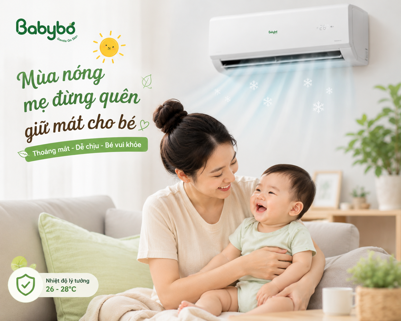 Điều hòa giúp bé dễ chịu hơn trong ngày nóng. Nhưng mẹ cũng đừng quên giữ nhiệt độ vừa phải và bổ sung độ ẩm để làn da bé luôn mềm mại, dễ chịu nhé.