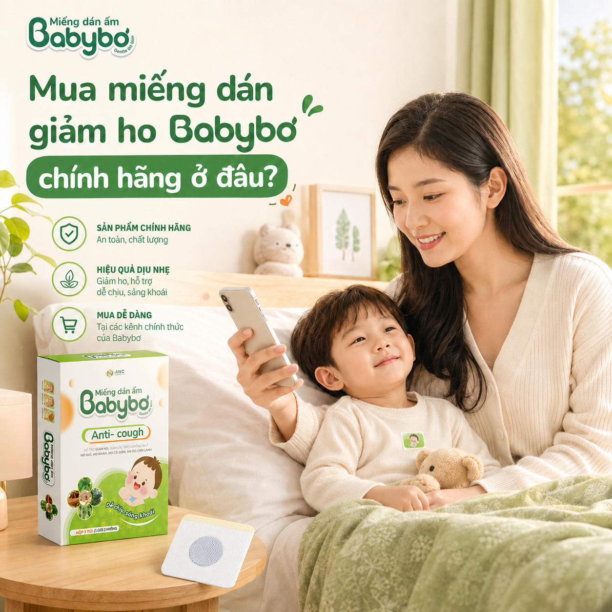 Ý tưởng hình ảnh:
Chia bố cục 4 ô nhỏ: bao bì rõ nét, logo Babybơ, thông tin thành phần – cách dùng, kênh mua chính thức. Có thể thêm icon dấu tích màu xanh thương hiệu.
Chữ trên ảnh:
Cách nhận biết hàng chính hãng
Nội dung nhỏ trên ảnh:
Bao bì rõ nét
Logo thương hiệu
Thông tin đầy đủ
Mua đúng kênh chính thức
