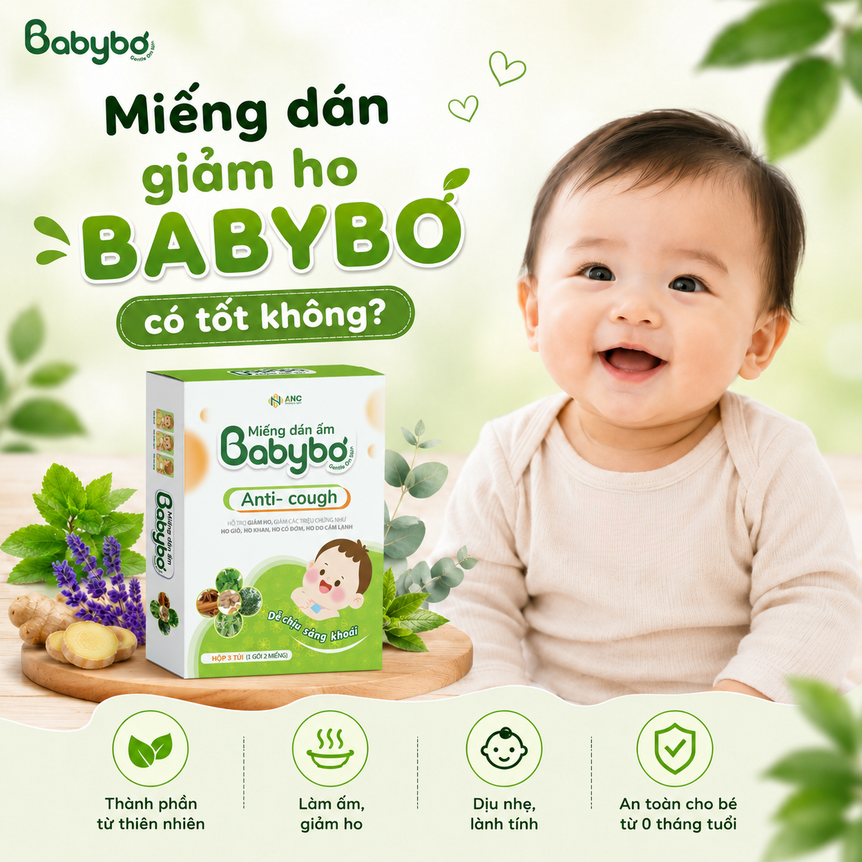 Miếng dán ấm Babybơ giảm ho cho bé với thành phần thiên nhiên, thiết kế dịu nhẹ, an toàn cho trẻ từ 0 tháng tuổi.