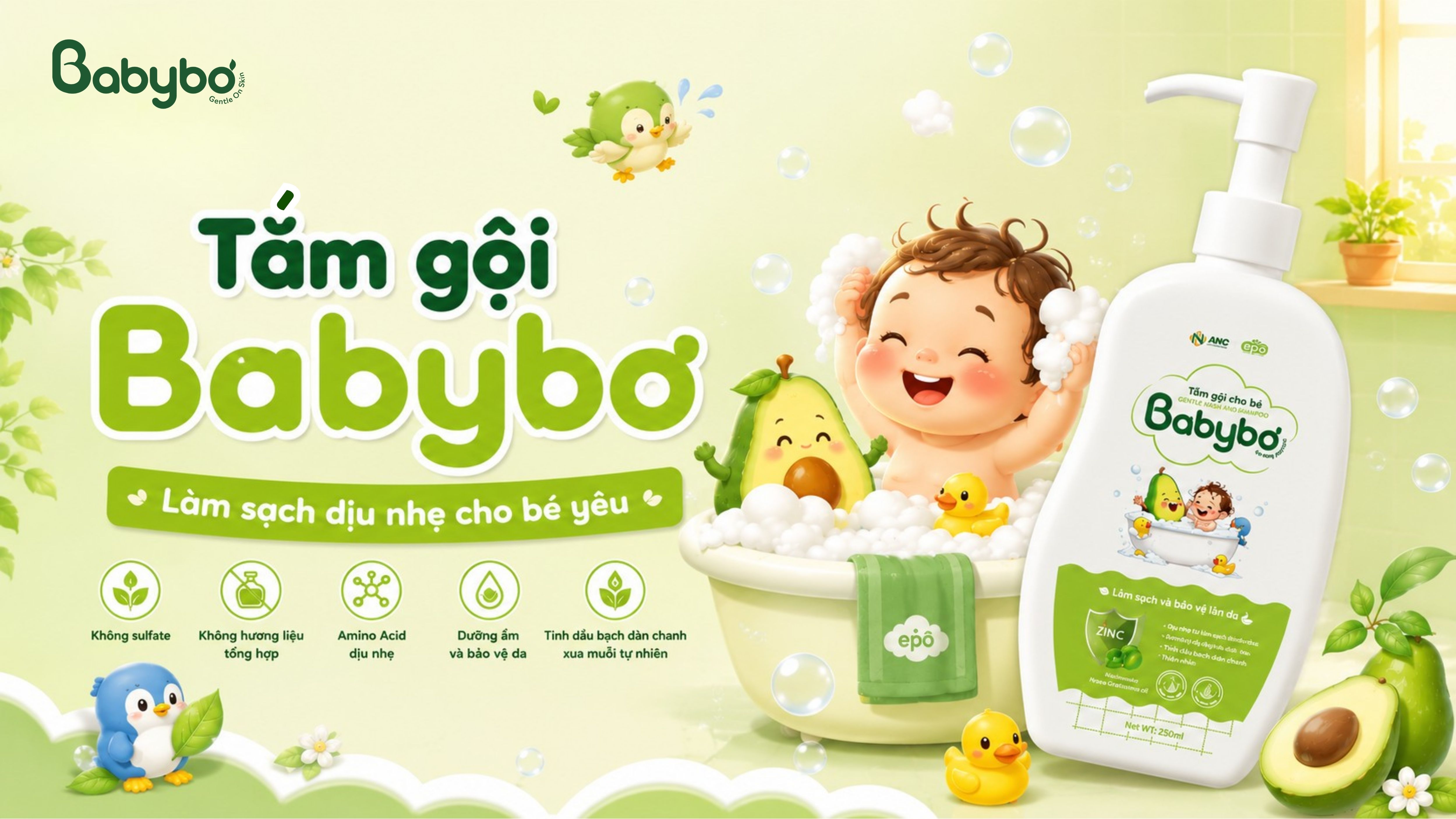 Sữa tắm gội Babybơ làm sạch dịu nhẹ cho bé sơ sinh và da nhạy cảm