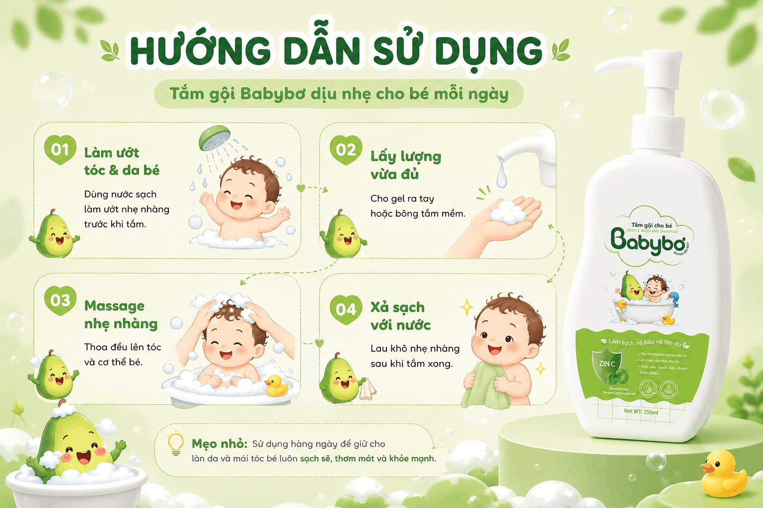 Hướng dẫn sử dụng sữa tắm gội Babybơ cho bé đúng cách