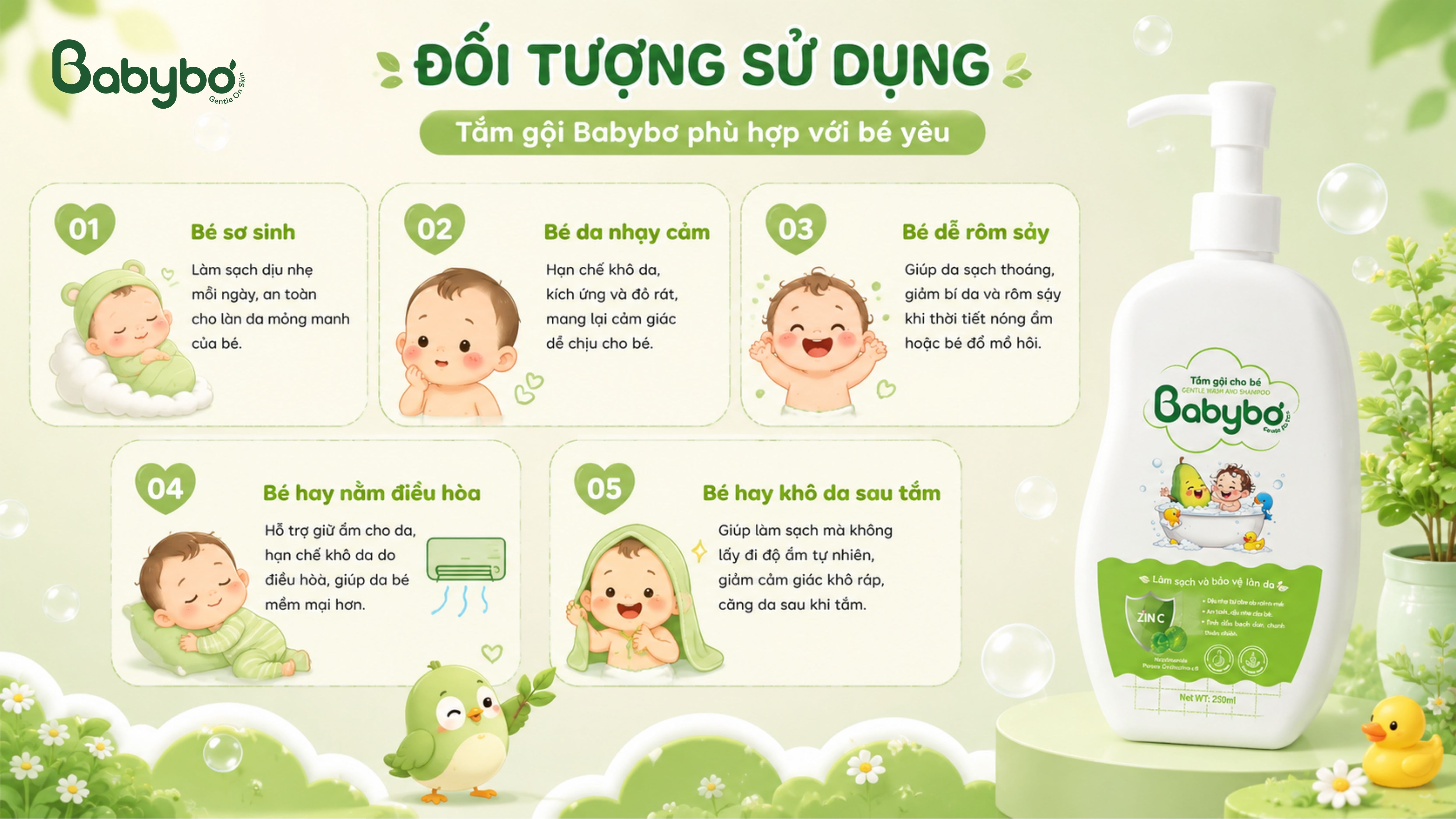 Sữa tắm gội Babybơ phù hợp cho bé sơ sinh, bé da nhạy cảm, dễ rôm sảy và khô da sau tắm