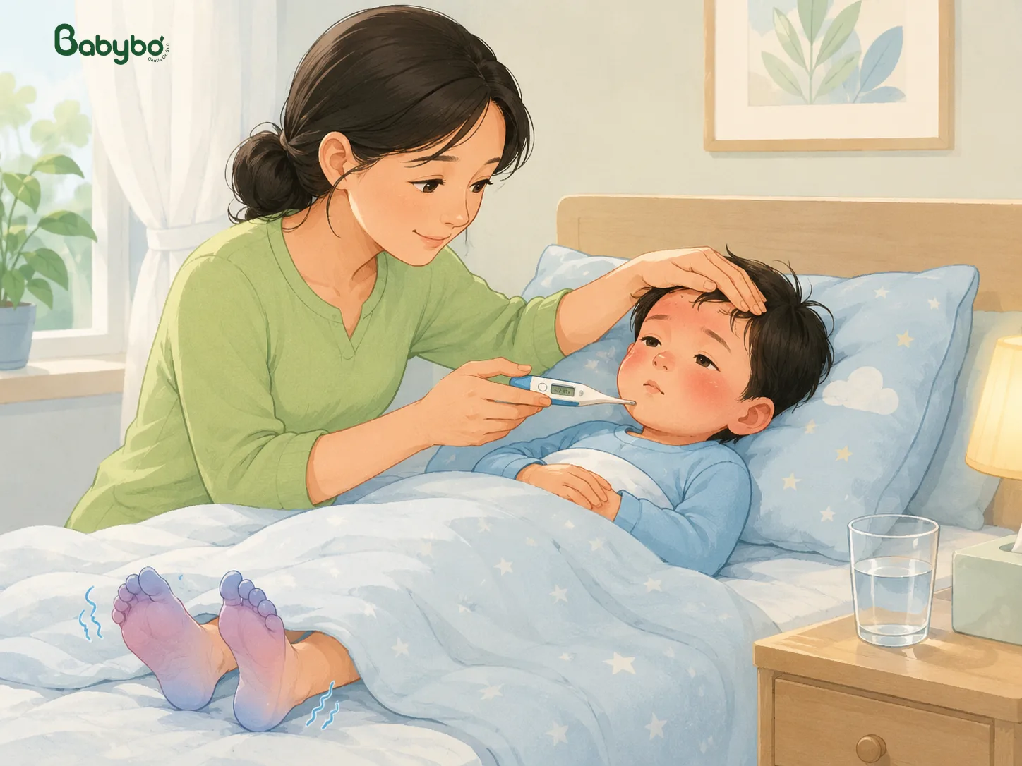 Trẻ em sốt cao chân lạnh được mẹ đo nhiệt độ tại nhà