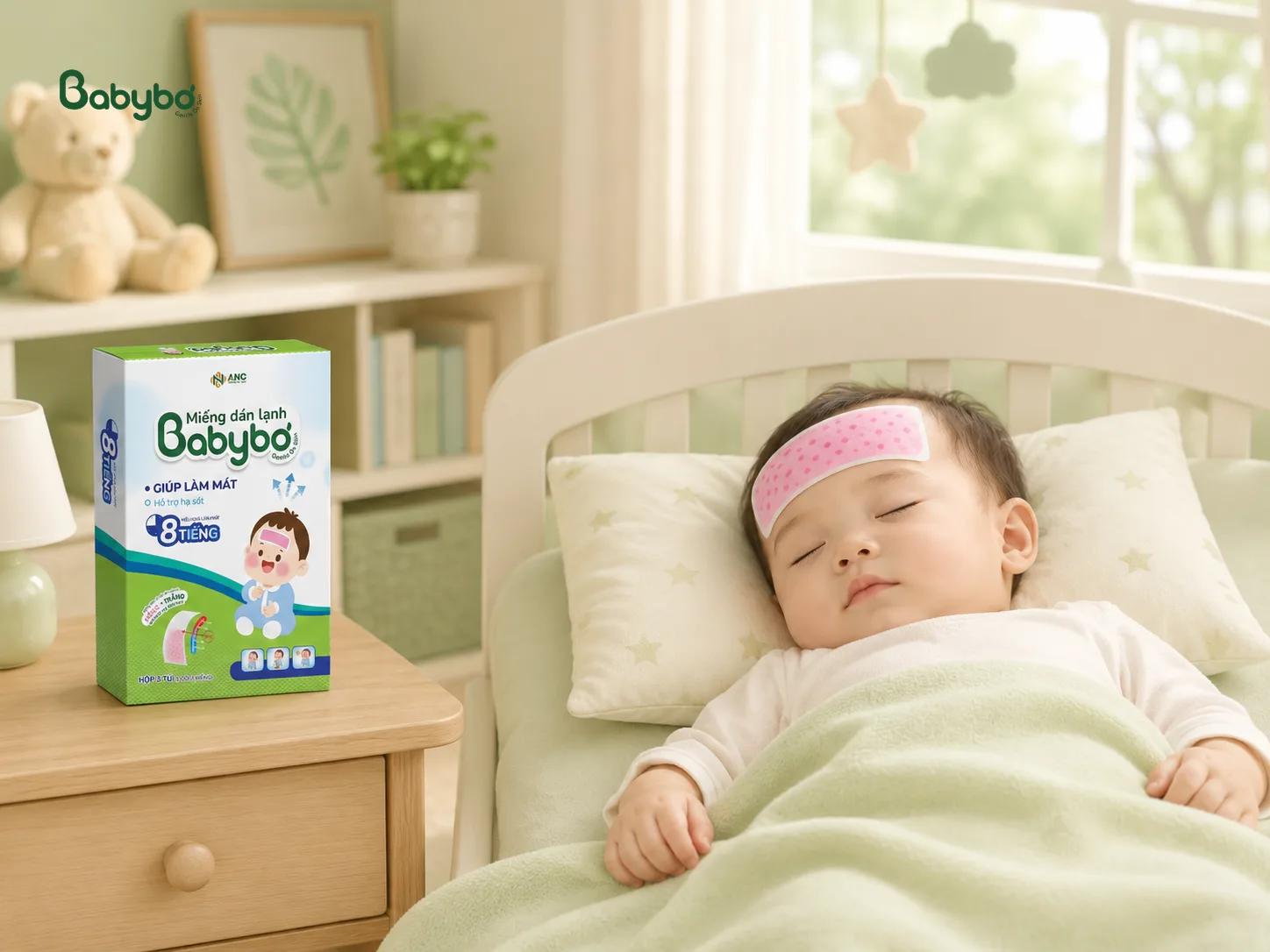 Bé dùng miếng dán lạnh Babybơ hỗ trợ làm mát khi sốt