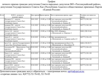 График личного приема граждан депутатами Совета народных депутатов МО «Тахтамукайский район», депутатами Государственного Совета-Хасэ Республики Адыгея в общественных приемных Парт