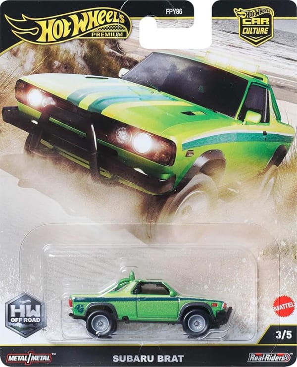 Hot Wheels Premium Car Culture Coche de juguete coleccionable, a escala 1:64, Subaru B.R.A.T., vehículo todoterreno con neumáticos reales.
