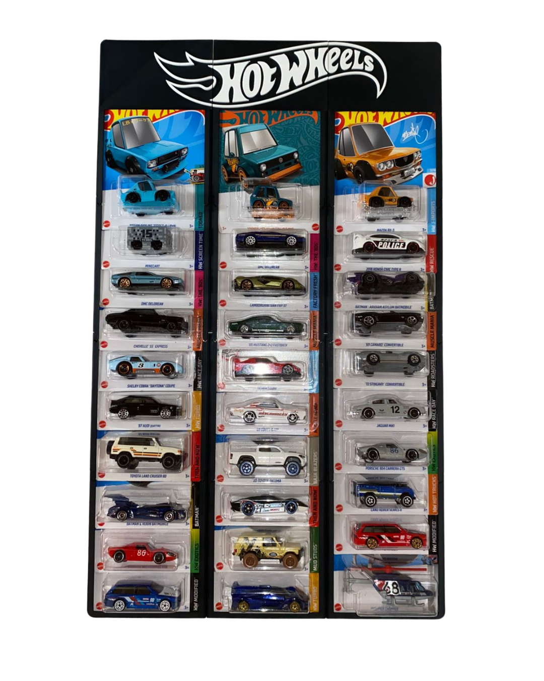 Estantería para 30 carros Hot Wheels con blister
