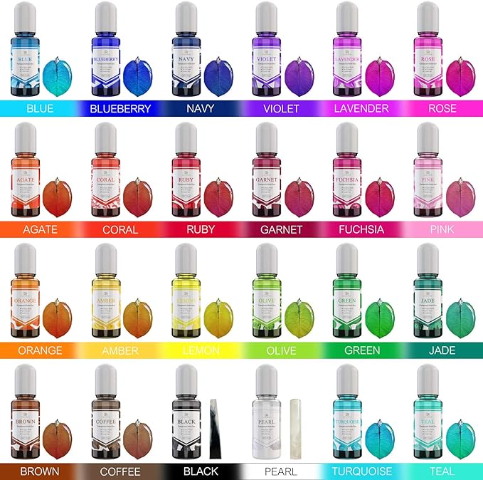 Pigmento epoxi de 24 colores – Tinte transparente para arte de resina de bricolaje, fabricación de joyas, colorante concentrado de resina UV para pintura, vaso, manualidades, 0.35 onzas cada uno