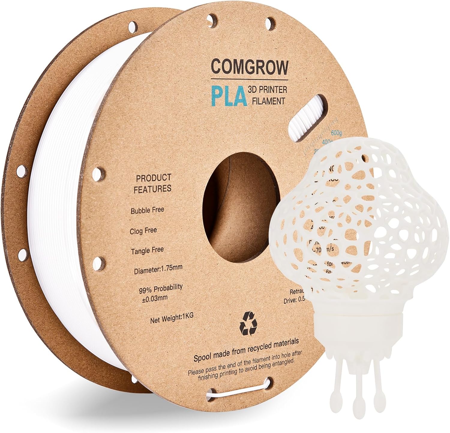 Comgrow Filamento PLA para impresora 3D color Blanco