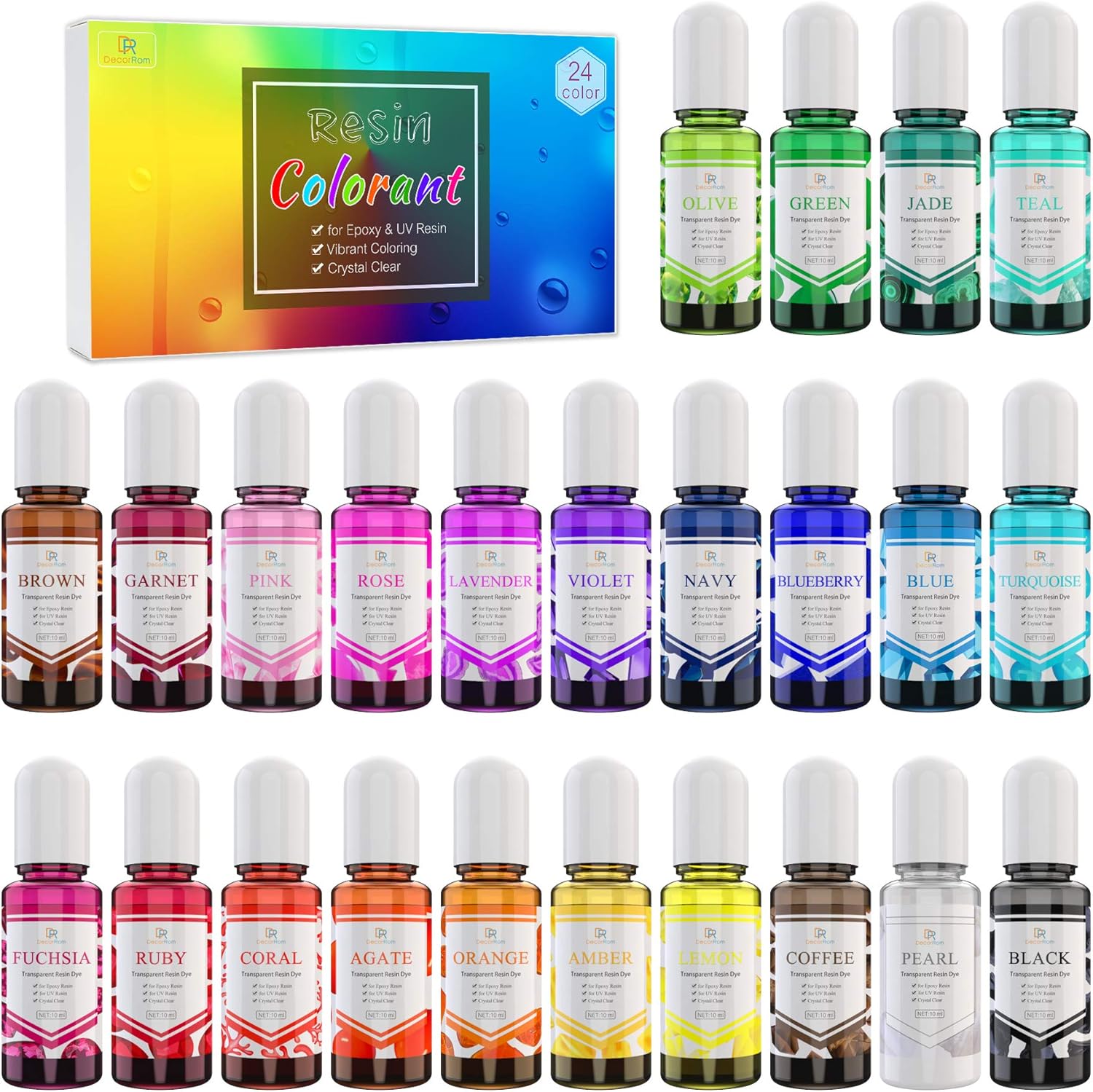 Caja con 24 pigmentos de diferente color – Tinte transparente para arte de resina UV