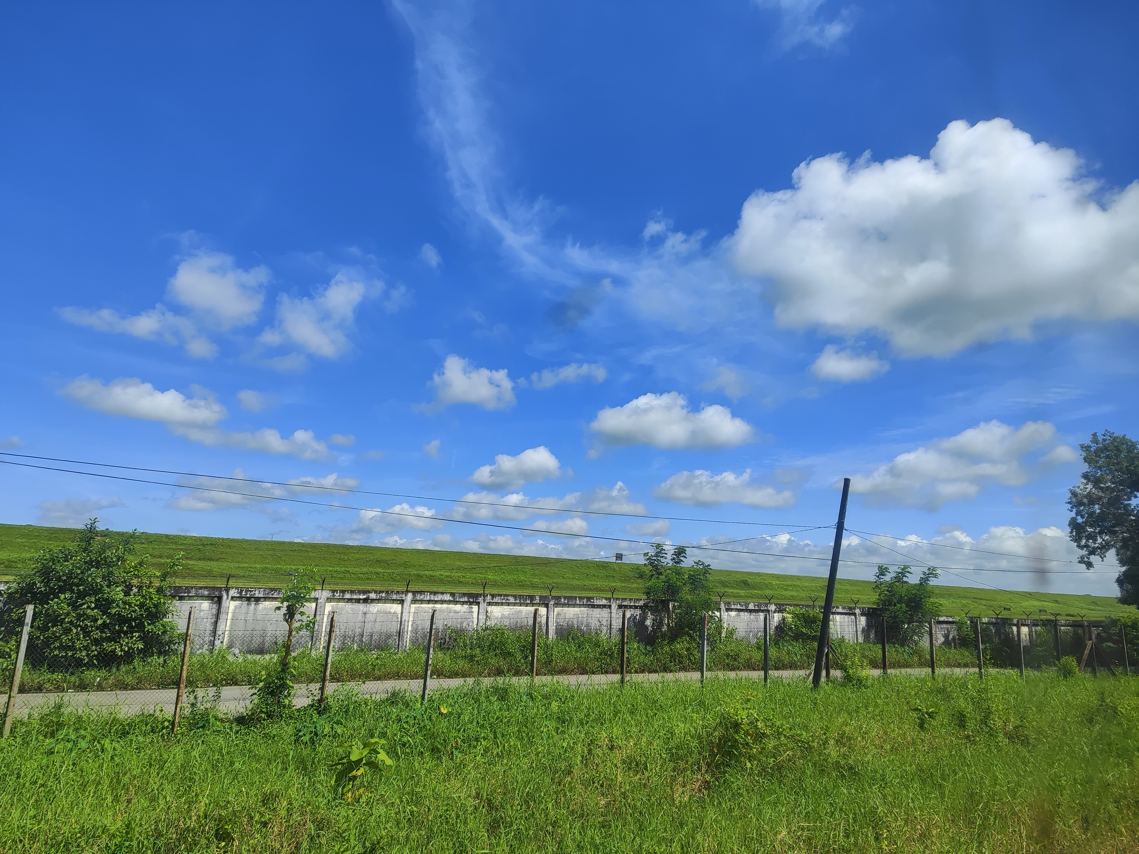 Open blue sky above the grassy fields