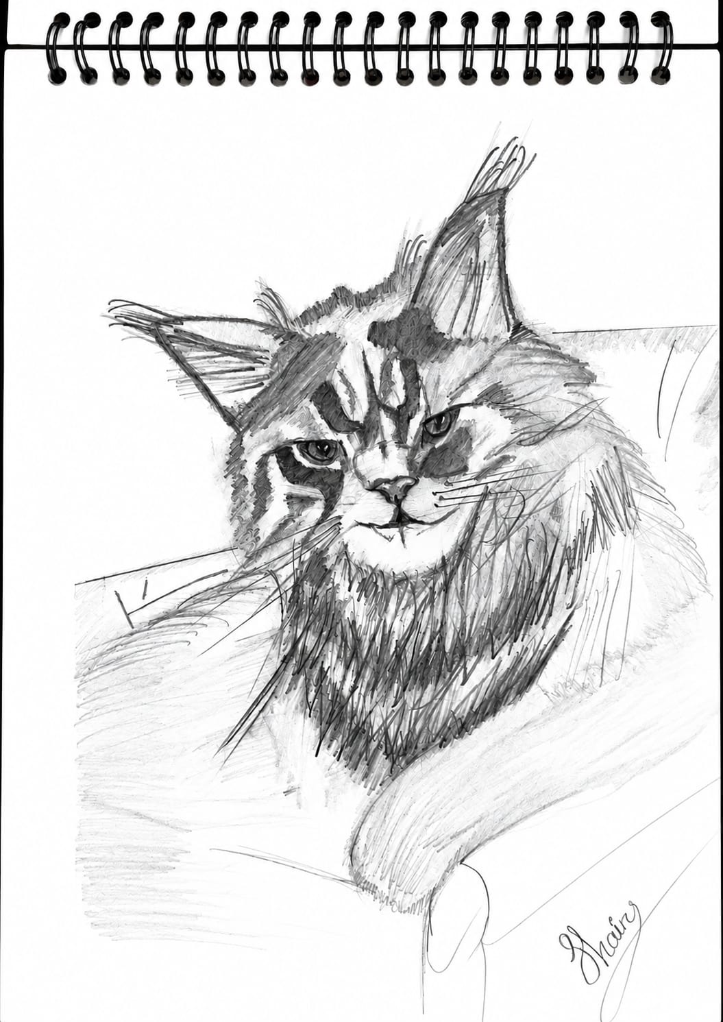 A detailed graphite pencil drawing of a long-haired cat with pointed ears, thick fur, and an intense gaze, resting on a sketchbook page.