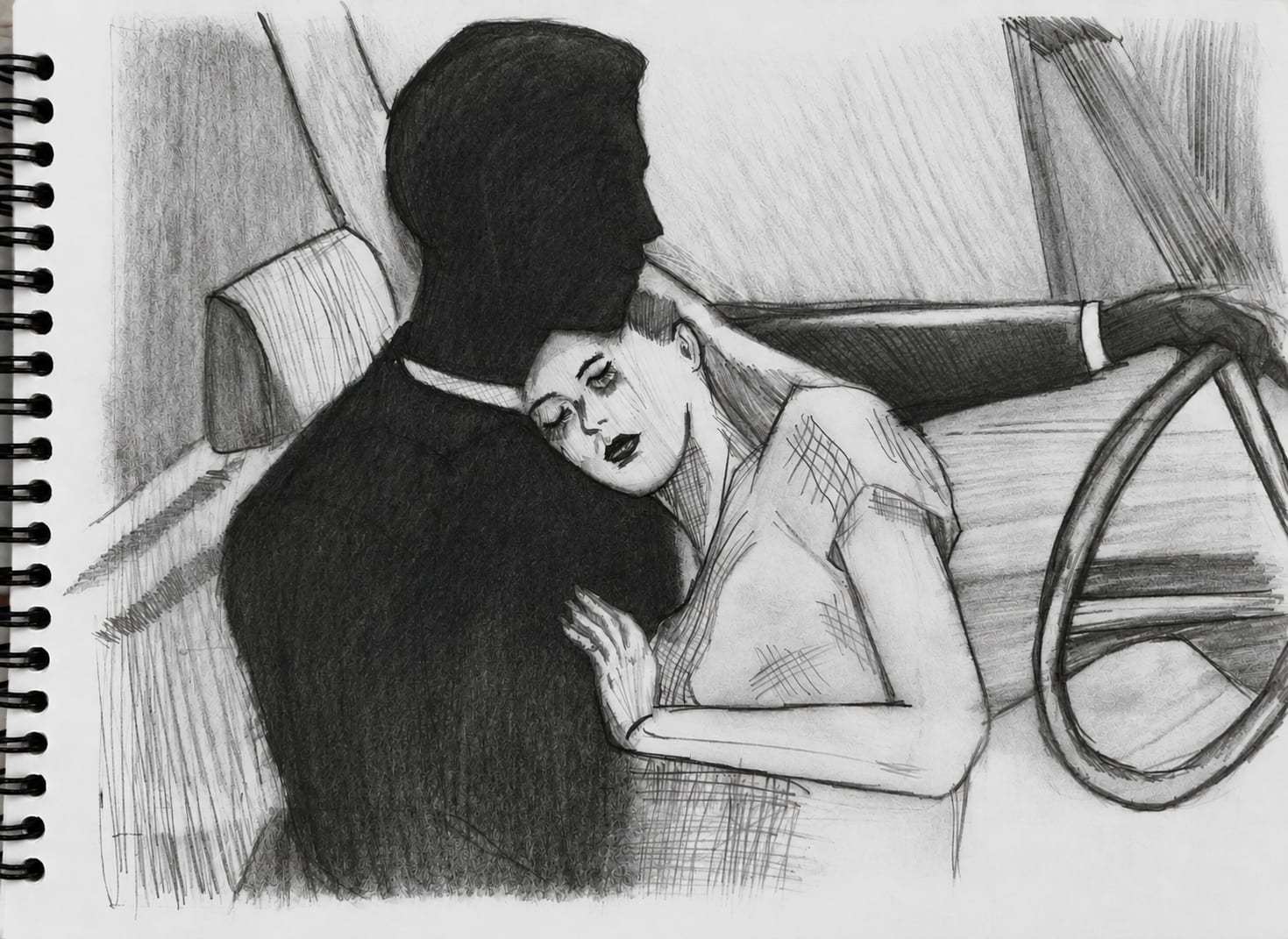 A graphite pencil drawing of two people sitting closely together inside a car, with one person resting their head on the other’s shoulder. The scene shows a quiet intimate moment with detailed shading, interior elements, and a monochrome sketch style.