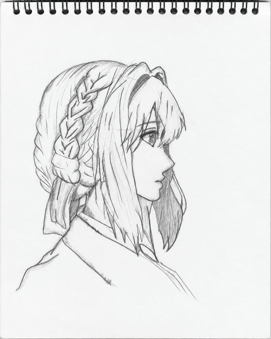 A graphite pencil portrait of Violet Evergarden in side profile, with braided hair gathered at the back and loose strands framing her face, drawn on a white spiral-bound sketchbook page.